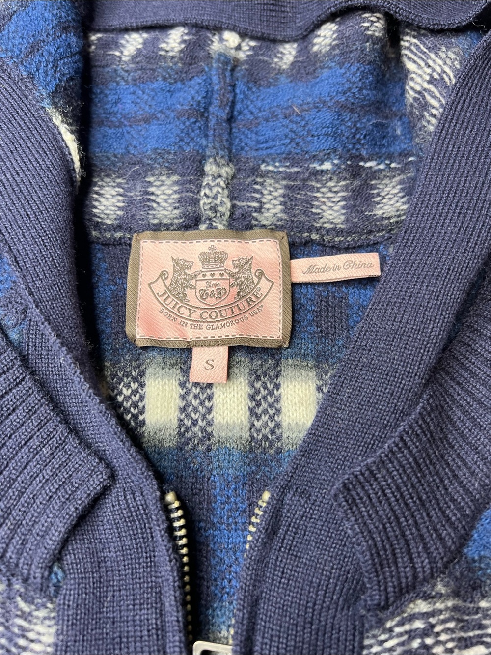 Juicy Couture Y2K Plaid Hooded Zip-Up Sweater Jacket Navy Blue Size Small